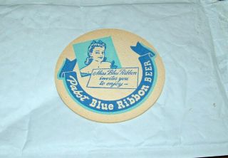 Vintage 1940s Pabst Blue Ribbon Beer Miss Blue Ribbon 4 " Coaster Wisconsin