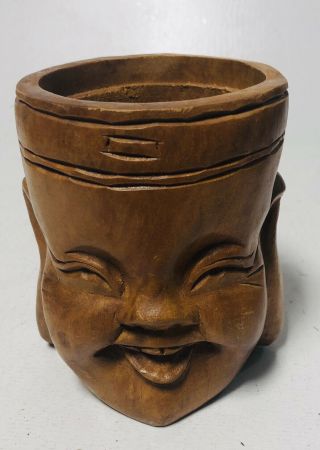 Hand Carved Wooden Buddha Face Beer Mug Stein Solid Wood Vintage Collectible