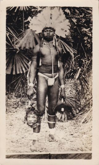 Vintage Silver Photograph 1930 Unusual Tribal Ethnography Head Hunter W/ Heads