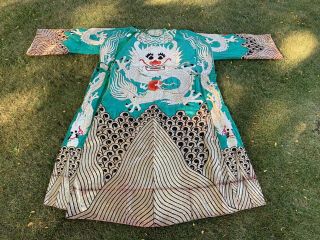 Estate Old Signed Chinese Silk Embroidered Dragons Theater Opera Robe Textile