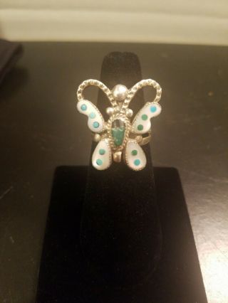 Vintage Native American Mother Of Pearl Turquoise Sterling Butterfly Ring Sz 7.  5