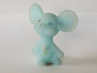 Fenton Hand Painted Mouse Figurine Blue Satin Artist Signed Vintage With Label