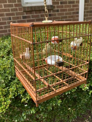 Vintage Singed Asian Bird Cage With Porcelain Cups & Jade Accessories