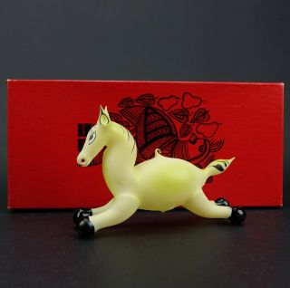 Vintage Hand Blown Glass Opaque Horse Ornament Yellow & Black W/ Box