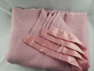 Vintage Acrylic Blanket Made In Usa Waffle Satin Trim Baby Pink Size 66 " X 90 "