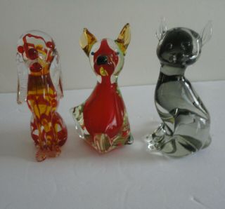 3 Vtg Murano Italy Art Glass Dog Fox Figurine Red Black Sommerso Aventurine