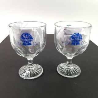Vtg Pabst Blue Ribbon Beer Pbr Stemmed Thumbprint Goblet Glass Qty 2 Euc