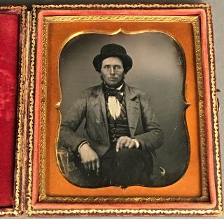 1/6 Plate Daguerreotype Of Man With Beard And Black Hat,  No Wipes,  Full Case
