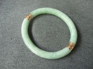 Vintage Chinese Filigree 14k Gold Light Green Jade Hinged Bracelet Marked