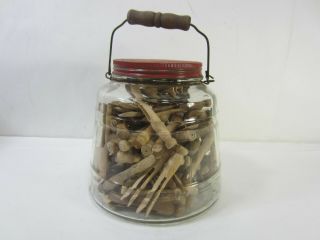 Vintage Glass Pickle Jar W/wire Bail & Wooden Handle - Full Of Clothes Pins Ah