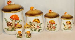 Sears,  Roebuck&co.  Merry Mushroom Vtg Ceramic Canisters,  Set Of 4,  Salt&pepper - Mib