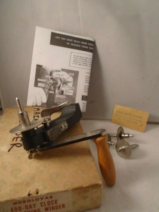 Vintage Horolovar Clockmaker 400 Day Clock Mainspring Winder,  Box & Inst Tool