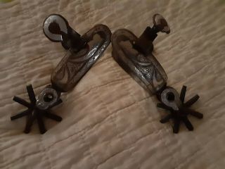Antique Old Cowboy Mexican Forged Spurs Amozoc Silver Engraved Unmarked