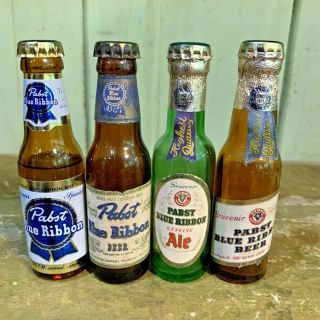 4 Vintage Pabst Blue Ribbon Mini Glass Beer Bottles