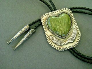 Native American Indian Green Jasper? Sterling Silver Heart & Feathers Bolo Tie