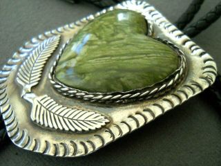 Native American Indian Green Jasper? Sterling Silver Heart & Feathers Bolo Tie 3