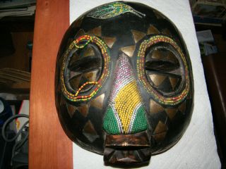 Vintage African Hand Carved Beaded Wooden Tribal Mask Very Strange