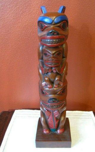 Alaskan Totem Pole Carved Wood 12.  75 " By Raven,  Hand Made In The Usa Salmon