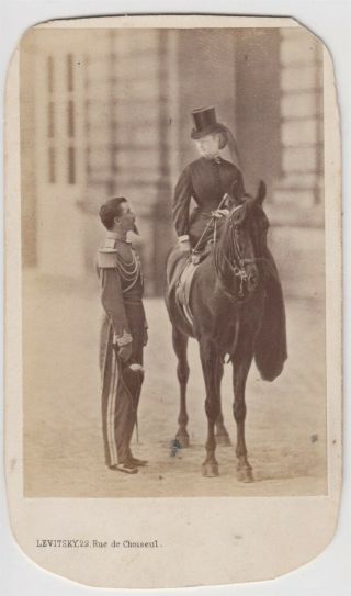 Horse Cdv Photo - Aristocratic French Lady Sitting Side Saddle Talking To Soldier