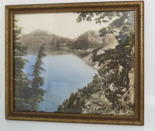 Vtg Hand Tinted Photograph Crater Lake Oregon Unusual View 1930s 11 X 9 Photo