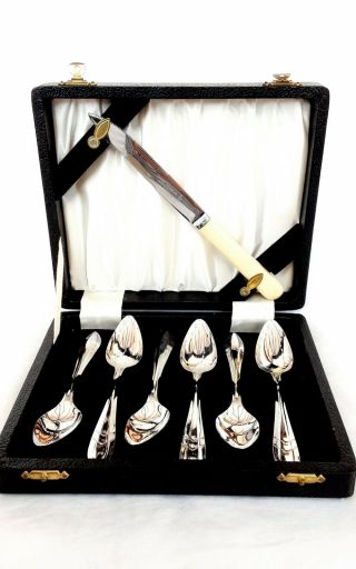 Cased Set Of Silver Plated Grapefruit Spoons And Knife - James Lodge,  Sheffield.
