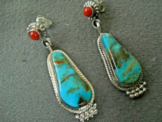 Running Bear Native American Turquoise Coral Sterling Silver Post Earrings