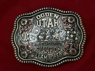 2002 Rodeo Vintage Trophy Belt Buckle Ogden Utah 5 Star Team Roping Champion 818