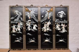 Vtg Asian Lacquer Wall Panels Art Pearl 4 Geisha Japanese Chinese Hanging Atq