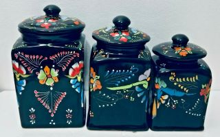 Mexican Talavera Pottery Canister Set Black Ceramic Large Cookie Jar Folk Art