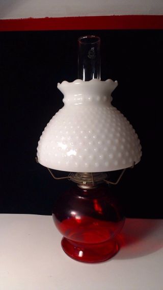 Vintage Red Glass Eagle Oil Lamp Hobnail Milk Glass Pyrex Shade 16 1/2 " Tall