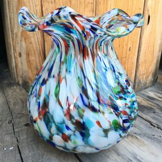 Vtg Czech Art Glass Vase Spatter Splatter Swirl Ruffle Top Multicolor End Of Day