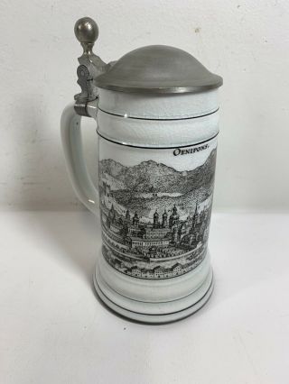 Vintage German Pewter Lidded Beer Stein Panoramic Oenipons Insbruck C2