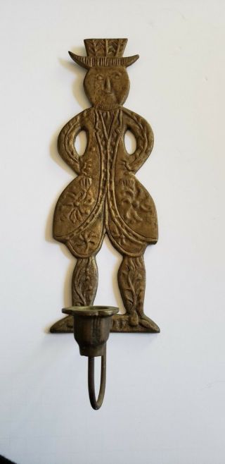 Vintage Brass Folk Art Wall Hanging Candle Holder Sconce Man Denmark S.  P Signed