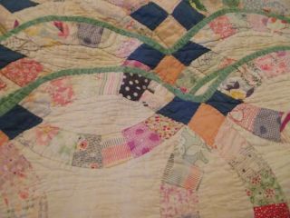 Quilt Hand Stitched Multi - Color Vintage 80 " X 72 " Green Scalloped Edges Unlined