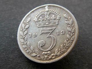 1913 Solid Sterling Silver Vintage Retro Threepence King George V Britain Uk
