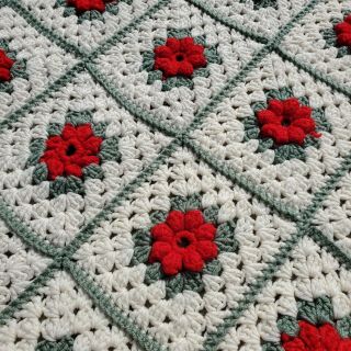 Vintage Crochet Raised 3d Flowers Granny Square Blanket Afghan 48” X 62 " 4 