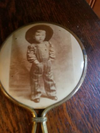 Antique Hand Mirror With B&w Photo Child Cowboy Darling