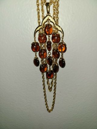Vintage Crown Trifari Waterfall Necklace Gold Amber Lucite Bead Book Piece
