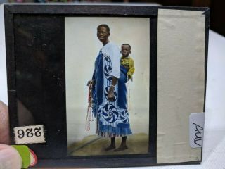 Colored Glass Magic Lantern Slide Auv Rare African Native Woman Carrying Child