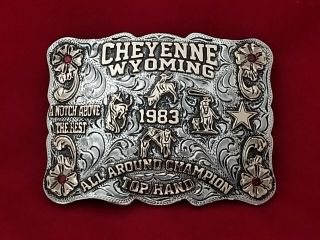 1983 Vintage Rodeo Trophy Belt Buckle Cheyenne Wyoming All Around Champion 166