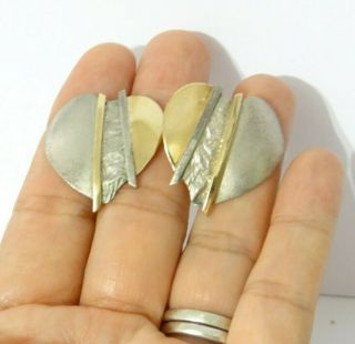 Vtg Signed Btp 14k Solid Yellow Gold & Sterling Silver Modernist Heart Earrings