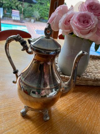 Antique Silver Plate Footed Coffee Tea Pot With Hinged Lid And Ornate Details