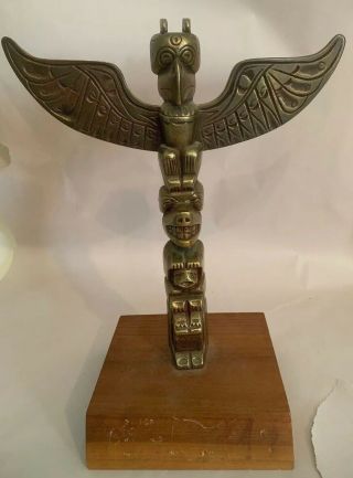 Vintage Solid Brass Hand Cast Winged Totem Pole 15” Don Rice Texas