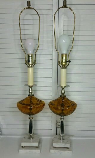 Pair (2) Vintage Mid - Century Regency Amber Glass Marble Base Table Lamps