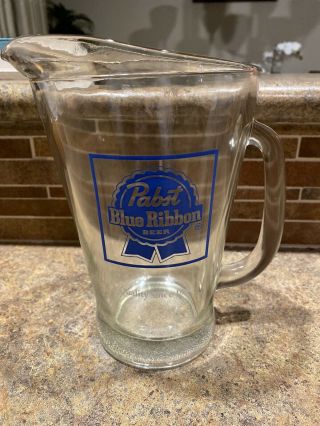 Vintage Pabst Blue Ribbon Beer Pitcher,  Heavy Clear Glass,
