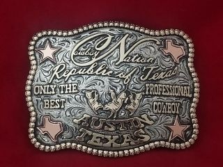 Cowboy Nation Rodeo Trophy Belt Buckle Austin Texas Bull Riding Champion Vtg 256