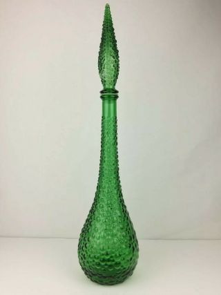 Vintage Green Italian Glass Empoli Genie Bottle Decanter Hobnail Bubble 22.  5”