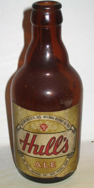 Hulls Ale Irtp Squat Beer Bottle Paper Label Haven Ct Odd Variant