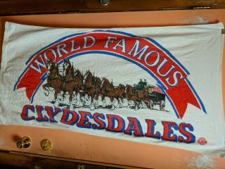 Vtg Budweiser Beach Towel Clydesdale Horse Pulling Beer Wagon World Famous 30x53