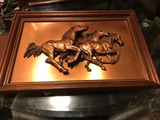 Vintage Copper 3 - D Relief Horses Wall Decor Plaque Sculpture Framed In Wood